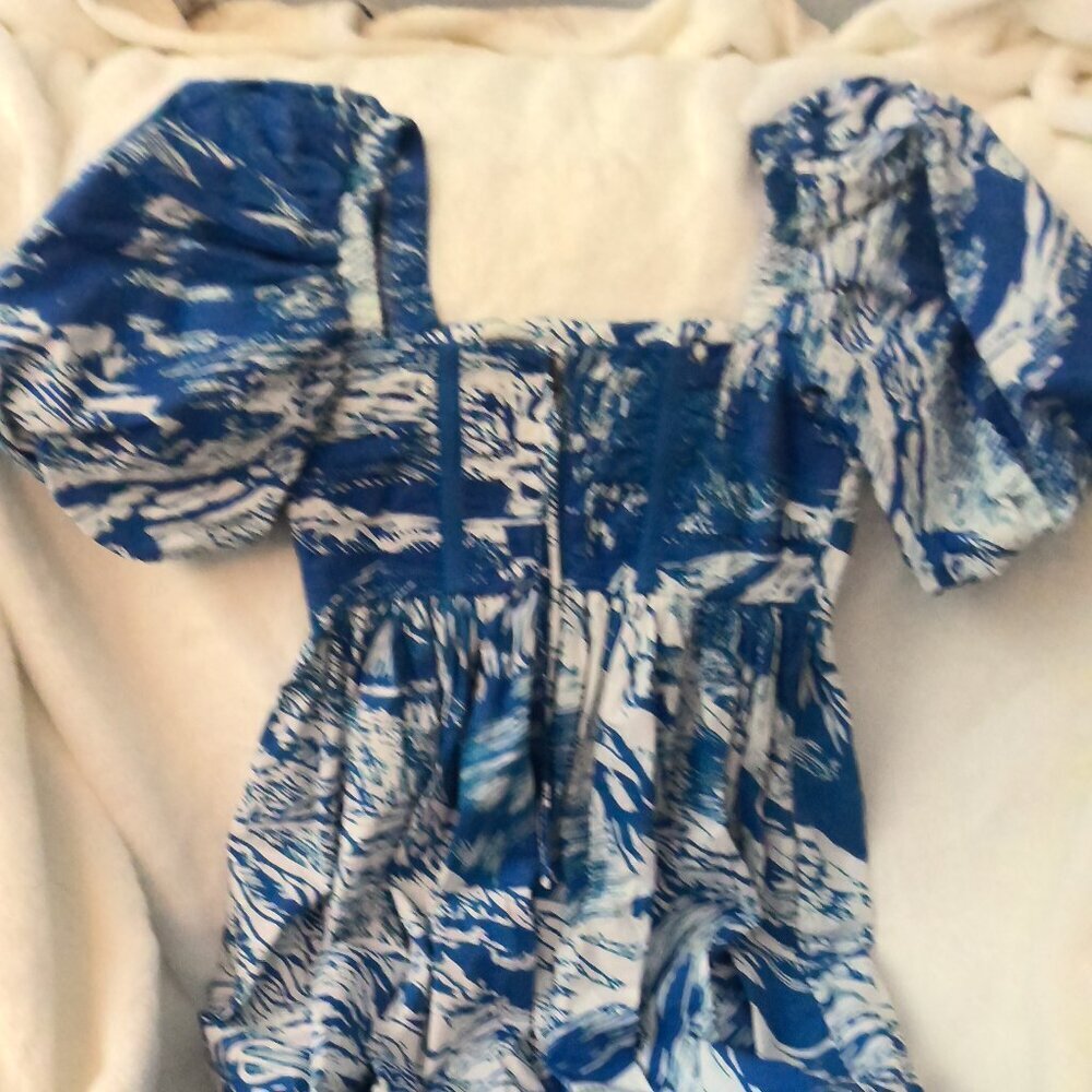 NEW Jesse Zhao Blue Print Square Neck Midi Dress – Size 2 - Picture 5 of 8